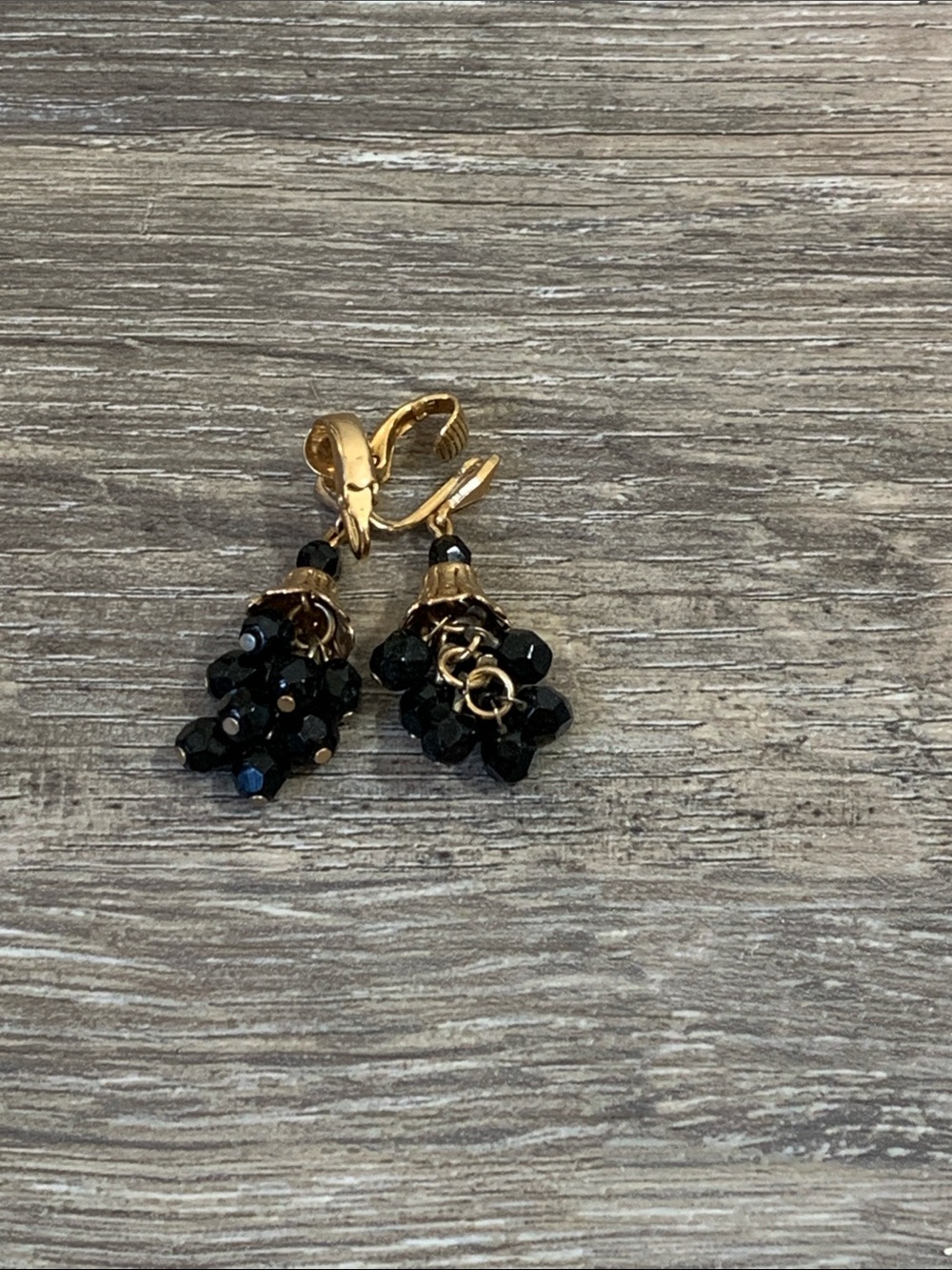 Vintage Gold-Tone Clip-On Earrings with Black Bead Clusters